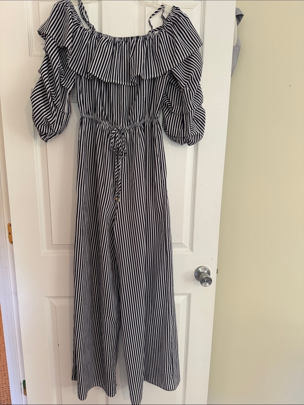 Jealous Tomato navy & White Striped One-Shoulder Jumpsuit